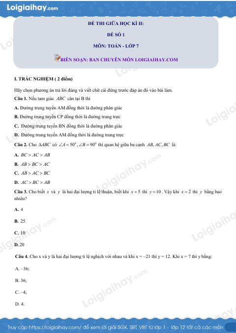 Đề thi giữa kì 2 Toán 7 - Đề số 1 - Chân trời sáng tạo